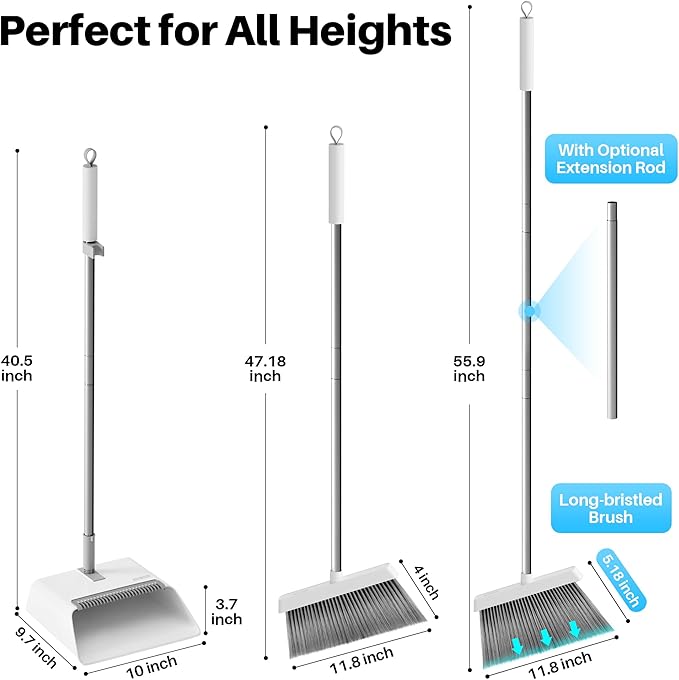 JOYMOOP White Broom and Dustpan Set Upright Angle Design with Built-in Comb Teeth for Kitchen Office Pet Hair Hard Floors