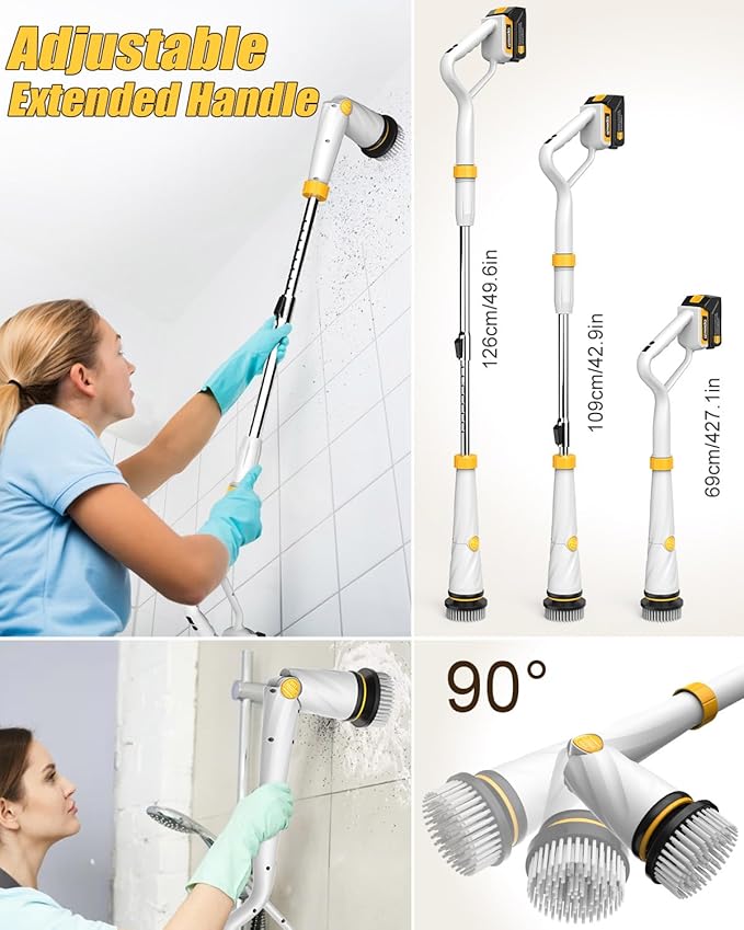 Qimedo Electric Spin Scrubber with Two Batteries Q2 Pro1500 RPM High Power Electric Scrubber for CleaningShower Cordless Cleaning Brush with Display for Tub/Tile/Floor (Effortless Handle/8 Brushes)