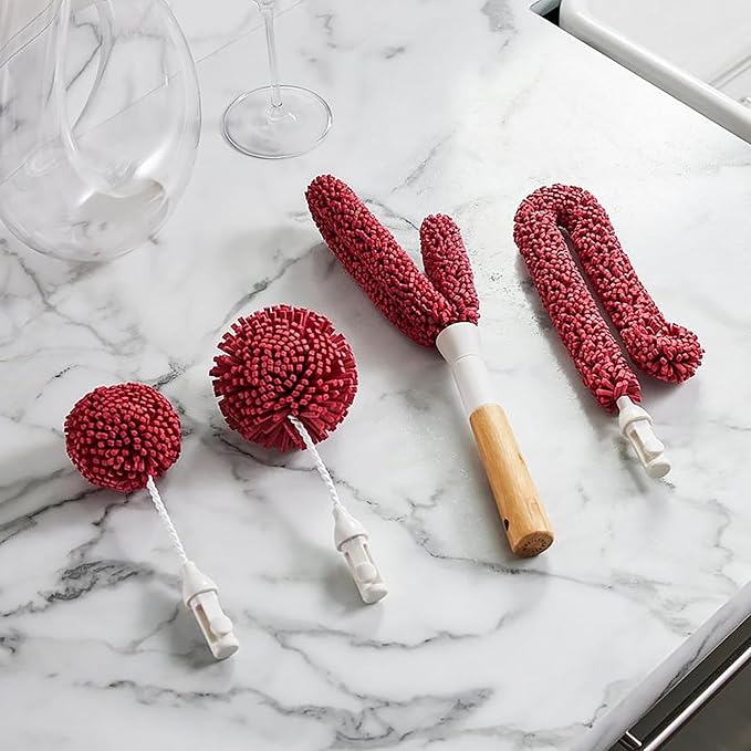 Wine Enthusiast Interchangeable Glassware Cleaning Brush Set – 5-Piece Bamboo Handle with Specialized Brush Heads for Wine Glasses Decanters and Barware Cleaning