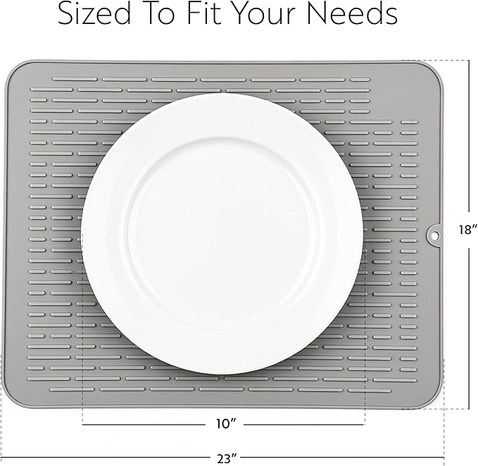 Restaurantware Comfy Grip 23 x 18 Inch Extra-Large Countertop Drying Mat 1 Food-Grade Dish Drainboard - Ribbed Design And Raised Sidewalls Waterproof Gray Silicone Draining Pad Dishwashable