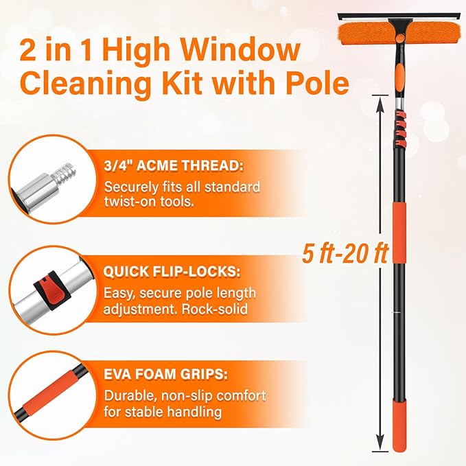 26FT Telescoping Window Cleaning Kit with 14 Squeegee - 2-in-1 Professional Window Scrubber &amp Extension Pole - Extra Long High-Reach Glass Cleaner Tool for Indoor &amp Outdoor High Windows RV