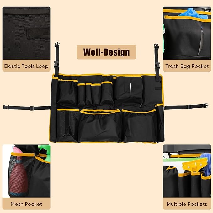 Trash Can Caddy Bag 1680D waterproof and easy-to-clean fabric fits for 32-55 Gallon Garbage Bin with Adjustable Buckle Multi-Pocket Garbage Bin Caddy Organizer Orange Edge