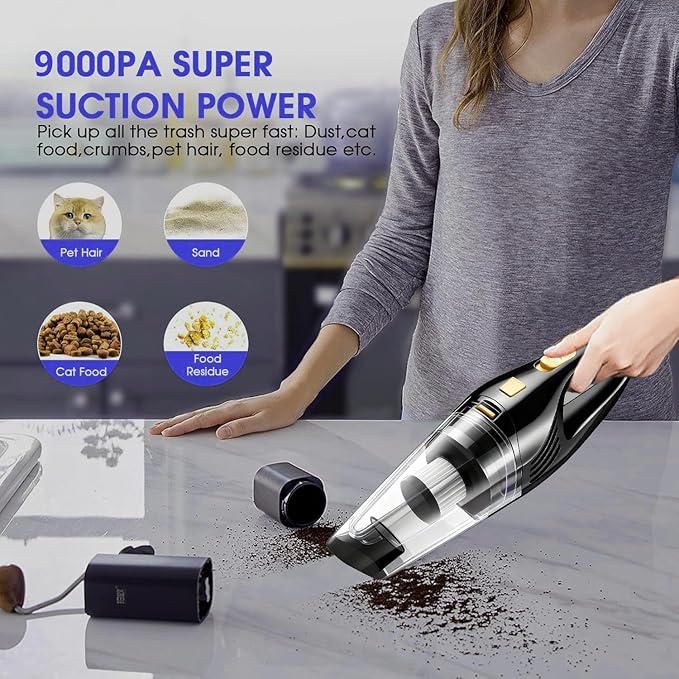 Car Vacuum Portable Cordless – 9000PA Strong Suction Lightweight &amp Rechargeable – Includes Multi-Nozzle Attachments for Car Home Office and Pet Hair – Compact &amp Powerful Black Gold Vacuum