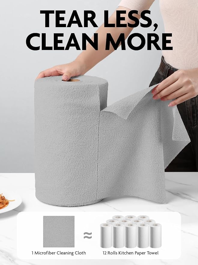 Fantasticlean Microfiber Cleaning Cloth Roll -675 Pack Tear Away Microfiber Towels 12 x 12 Reusable Washable Ultra Absorbent Dishcloth for All-Around Cleaning Supplies (9 Rolls of Grey)