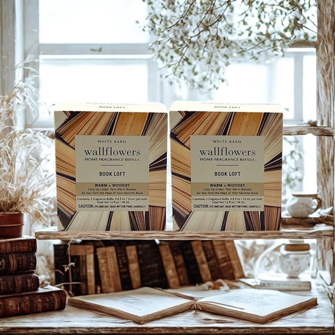 Bath &amp Body Works Book LOFT Wallflowers Refills 4-Pack – Warm &amp Woodsy Scent – Gift Set with 30-Inch Champagne Gold Linen Ribbon – 2 Bulbs per Box (0.8 fl oz Each)