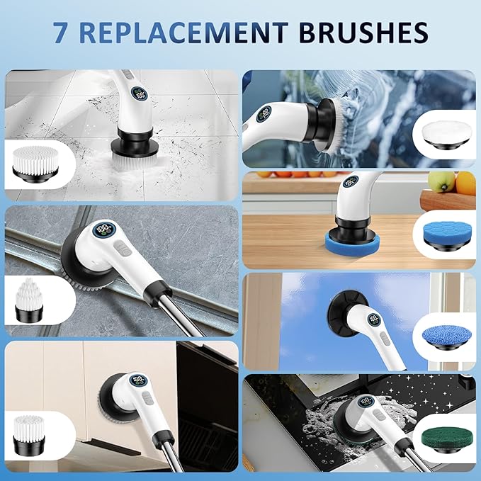 Electric Spin Scrubber Upgraded Battery with Extra-Long Runtime IPX7 Waterproof Power Cleaner with 7 Brush Heads 2 Speeds Adjustable Long Handle for Bathroom Floor Shower Tile &amp Kitchen Clean