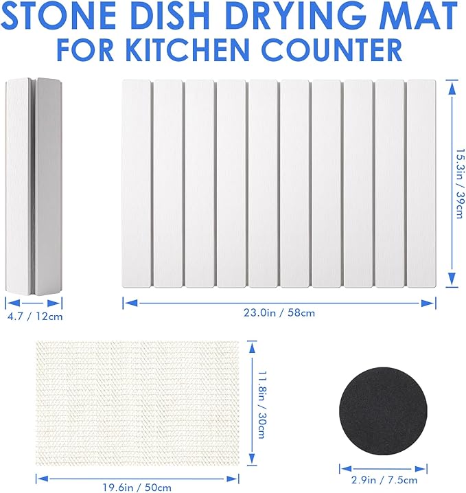 Stone Drying Mat for Kitchen Counter Large Quick Dry Stone Dish Drying Mat Collapsible Foldable Diatomaceous Earth Absorbent Bath Mat for Dishes Utensils Countertop Bathroom 23(L)×15.3(W)
