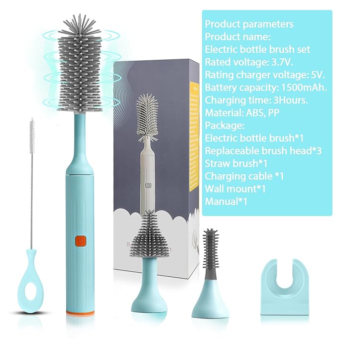 Electric Baby Bottle Brush Set with Rechargeable Electric Bottle Brush Cleaner and Replaceable Silicone Bottle Brushes and Straw Brush Cleaner Waterproof Multi-Purpose Cleaning Brush(Blue)