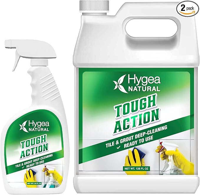 Hygea Natural Tough Action Tile &amp Grout Cleaner Duo - Deep Cleans Dirt &amp Scum &amp Enhances Stone Color - Acid-Free &amp Residue-Free Biodegradable Formula (24 oz Spray &amp Ready to Use Ga