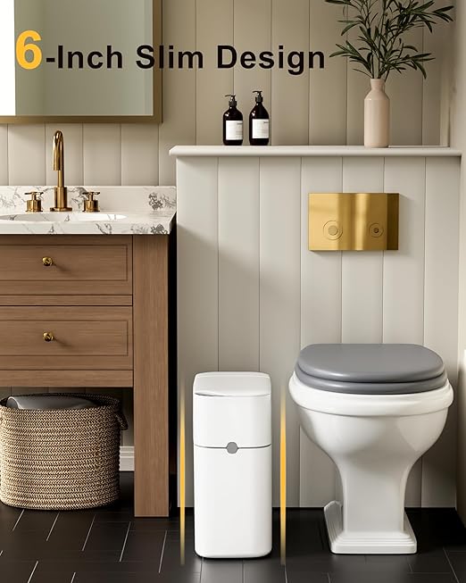 CTIME Family Bathroom Trash Can Set Includes a 2-Gallon Clean Trash Bin with a Toilet Brush 12 pre-Soaked Disposable Brush Heads a Small Bathroom Trash Can with Lid and a Smart Trash can.