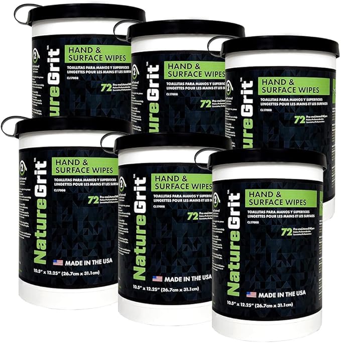 NatureGrit Hand &amp Surface Wipes: Mechanic Cleaning &amp Degreaser Sheets Grime Removal Hand Cleaner Towels for Mechanics Workshop Use (Box of 6 canisters 72ct/canister)