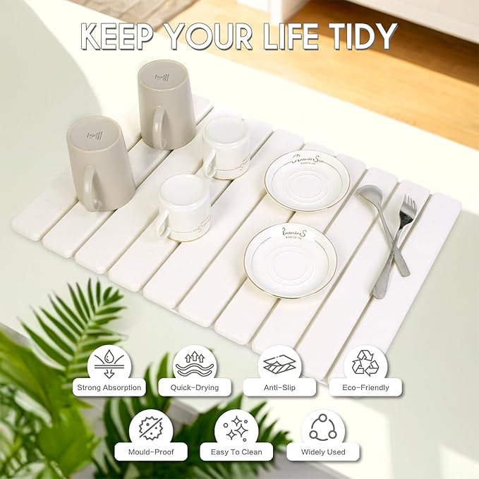 BoxedHome Stone Drying Mat for Kitchen Counter Large Stone Drying Mat Foldable Absorbent Diatomaceous Earth Bath Mat Quick Dishes Bottles Cups Bathroom 24(L)×16(W) White