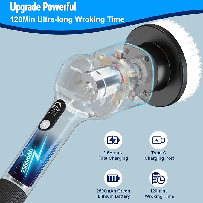 Electric Spin ScrubberCordless Cleaning Brush with 8 Replaceable Brush Heads360°Power Scrubber for Tub and Floor Tilewith 3 Adjustable Speed &amp Rotatable &amp Detachable Handle for Bathroom Kit