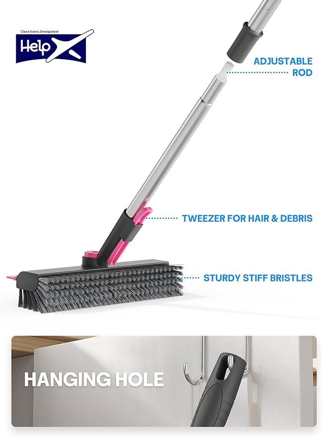 Floor Scrub Brush with Long Handle 3 in 1 Multi-angle Swivel Right Angled Bristle Floor Scrubber Brush with Squeegee and Tweezer for Tile Wall Deck Bathroom Patio Garage Kitchen (Pink and Grey)