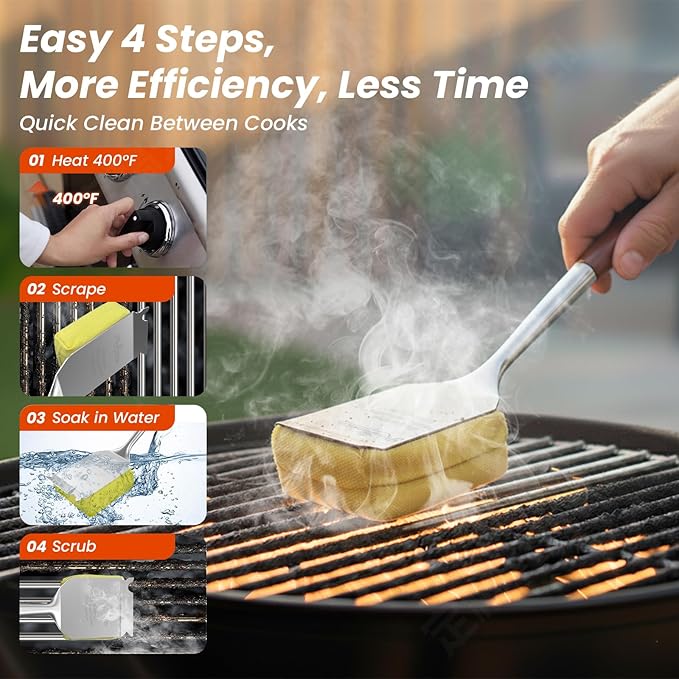 Grill Brush Bristle Free w/Replaceable Yellow Head Enamel Safe 17 Long Handle Grill Cleaner for Outdoor BBQ &amp Griddle MAX Stainless Steel Scraper Corner Reach for Cast Iron Steel