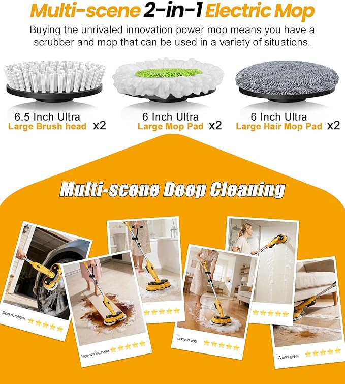 qimedo 6000mAh Battery Cordless Electric Mop M3 Pro 800RPM Electric Power Scrubber &amp Mops for Floor Cleaning Automatic Spin Mops with Smart DisplayRotating Mop with LED Light &amp Water Spray