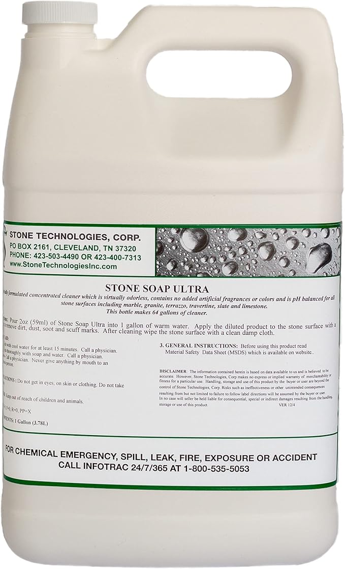 Concentrated Plant Based Stone Soap Ultra (1 Gallon) dilutes 2 Ounces to 1 Gallon of Water for Cleaning Marble &amp Granite Slate and Travertine