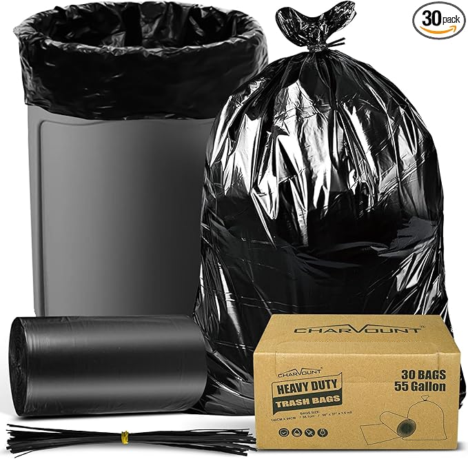 Charmount 55 Gallon Trash Bags1.5 Mil-37x 56 W/Ties Black Large Heavy Duty Garbage Bags for Outdoor Yard Work Lawn &amp Leaf Bags 30 Count
