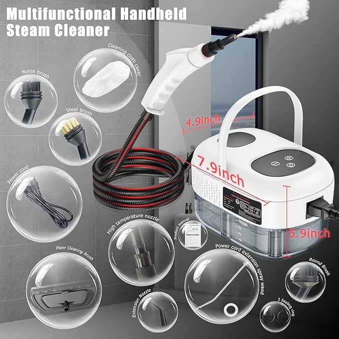 Handheld Steam Cleaner with Touch Screen Portable Steamer for Cleaning Hand Held Steamer Cleaner Pressurized Hand Steam Cleaner for Home Car Detailing Walls Grout Couch Tile Carpet White