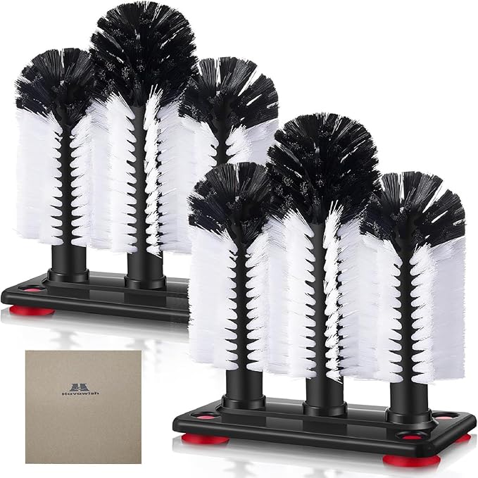 Havawish 2 Pack Water Bottle Cleaning Brush with Suction Base 3 Head Bristle Bar Glass Washer for Sink Cup Washer Brush Cleaner for Bar Beer Cup Wine Glass Long Leg Cup Kitchen Tools