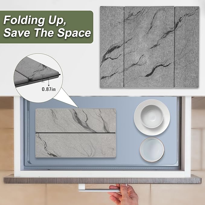 Dish Drying Mat Large Stone Dish Drying Mat For Kitchen Counter Collapsible Quick-Drying Sleek Diatomaceous Versatile Stone Drying Mats For Cups Dishes Bottles Marble (gray 16×19)