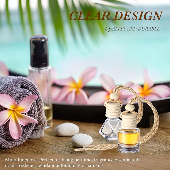 BBTO 200 Pcs Hanging Car Diffuser Bottle Bulk Empty Clear Glass Perfume Bottles Air Freshener Pendant for Essential Oils Fragrance Aromatherapy Car Interior (Diamond Cylinder)