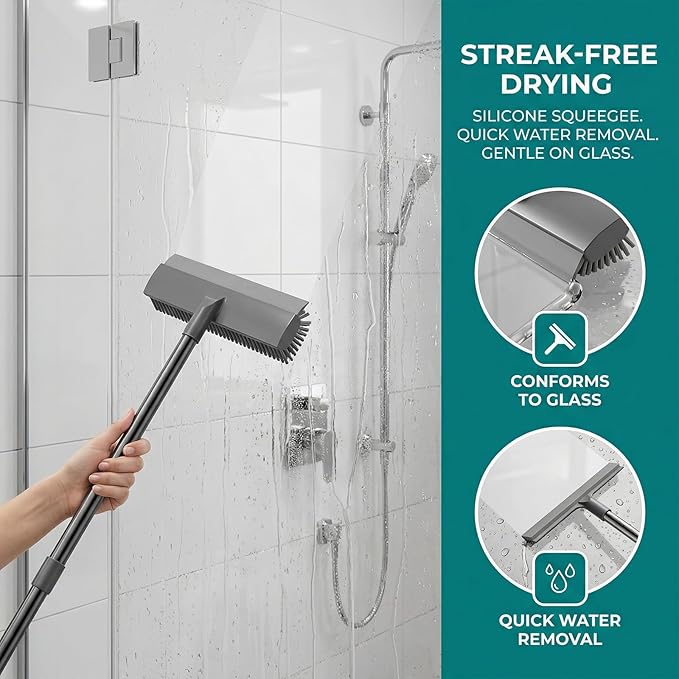 3 in 1 Floor Scrub Brush with Telescopic Handle Stiff Bristle &amp Silicone Scraper Shower Scrubber 360° Rotating Scrub Brush for Tile Bathroom Patio Kitchen Wall Deck Tub Cleaning