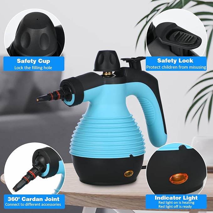 AORESAC Handheld Steam Cleaner Multi-Purpose Steamer Pressurized Electric Steam Cleaner with Safety Lock and 9 Accessory Kit for Upholstery Kitchen Bathroom Grout Tile and Floor Cleaning Blue
