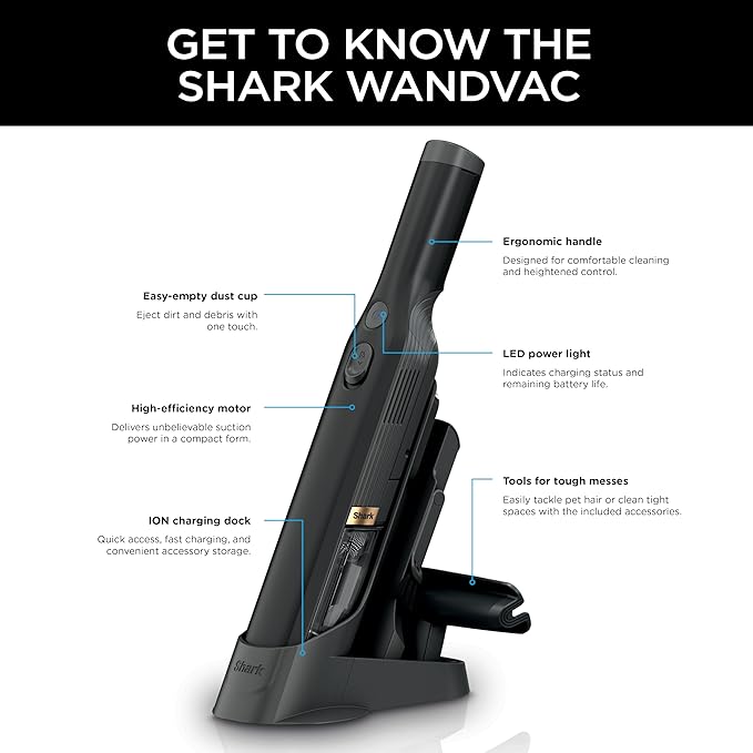 Shark WANDVAC Cordless Hand Vac Lightweight Versatile and Portable at 1.4 lbs. Powerful Suction for Pet Hair Charging Dock One-Touch Empty for Car &amp Home Duster Crevice Tool Black WV201BK