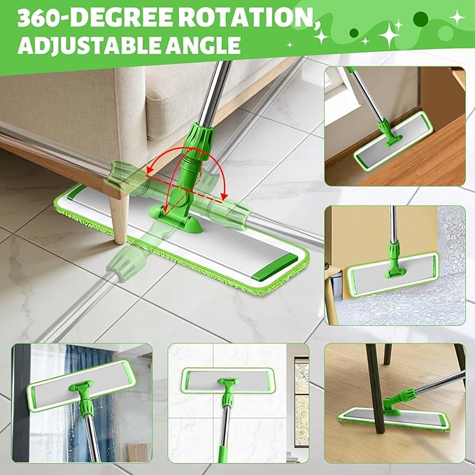 17.7 Microfiber Mop for Floor Cleaning 59in Long Adjustable Stainless Steel Handle 360° Rotating Large Flat Mops 4 Washable Pads for Dry &amp Wet Cleaning for Hardwood Vinyl Laminate Green