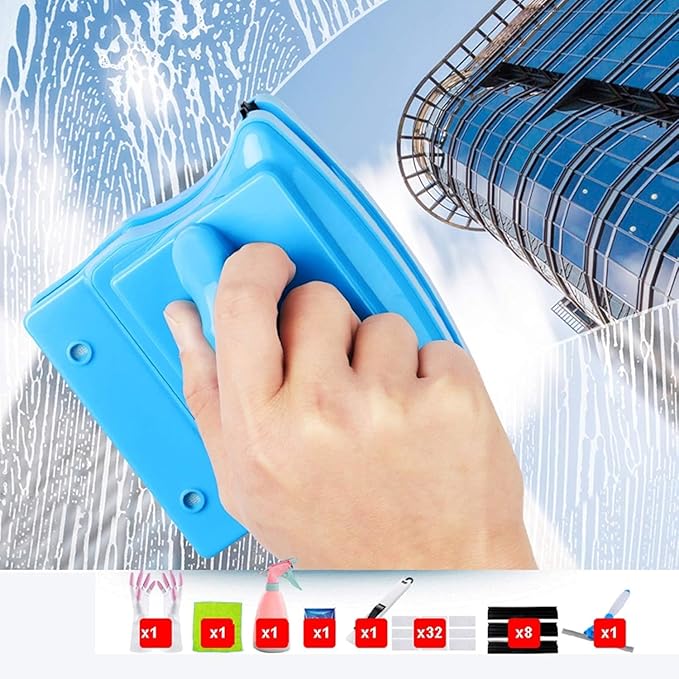 Outside Magnetic Window Cleaner Window Cleaner Wipers Home Double Side Window Cleaner 4-30Mm Adjustable Force Ultra-Strong Both Side Glass Surface Cleaning Brush Wiper Tools with Ergonomic Handle D