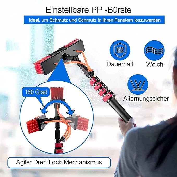 Water-Feeding Telescopic Rod Window Cleaner with Telescopic Handle Water-Fed Rod Set with Hose Shower Solar Panel Cleaning Device for Cleaner Exterior Windows(55cmbrush 10.8M/36FT)