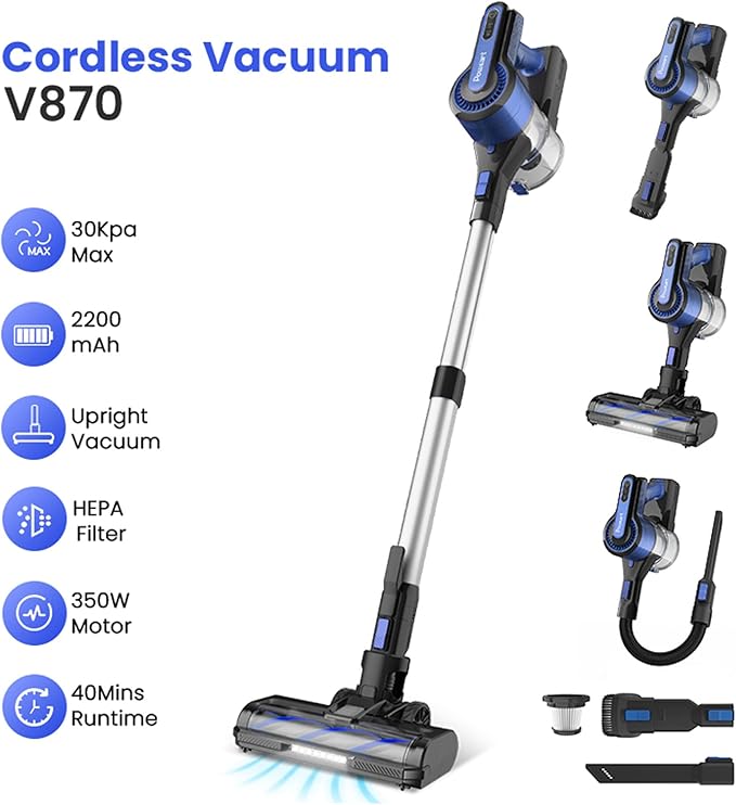 Lightweight Cordless Vacuum Cleaner for Home Powerful Wireless Vacuum with LED Lights &amp Anti-Tangling Roller 8 In 1 Stick Vacuums &amp Electric Brooms for Hard Floor Pet Hair Carpet (Black+Blue