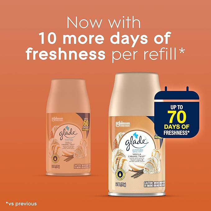 Glade Automatic Spray Refill Air Freshener for Home and Bathroom Vanilla Caramel Twist 6.2 Oz 6 Count