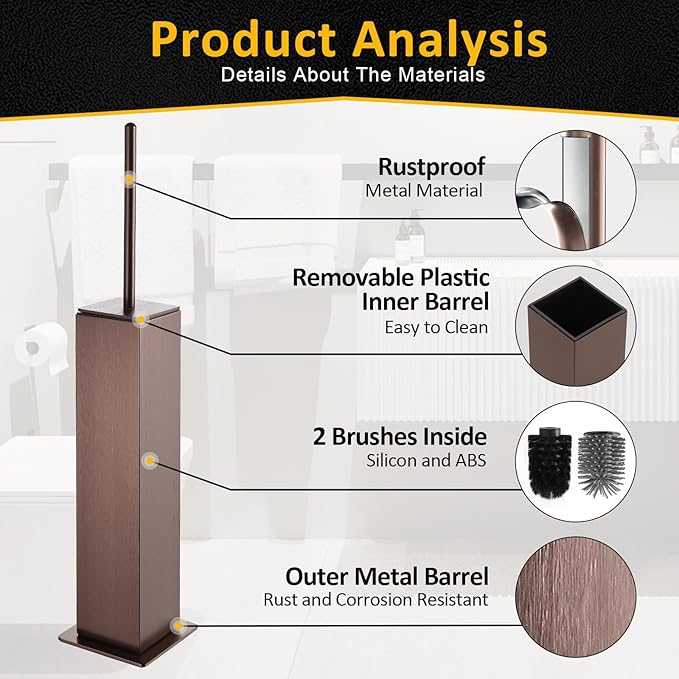 Toilet Brush and Holder Floor Standing Brushed Rose Gold with 2 Replaceable HeadsFreestanding Toilet Bowl Brush with Removable Liner and Splash Guard Modern Square Design