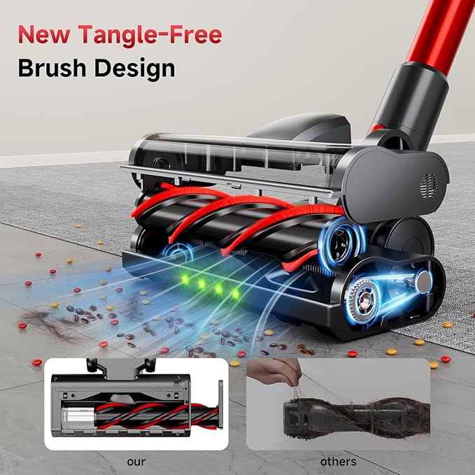 Cordless Stick Vacuum Cleaner 40Kpa Powerful Suction Vacuum Cleaner with LED Headlight Detachable Battery 8-in-1 Lightweight Handheld Vacuums for Pet Hair Carpet and Hardwood Floor Red