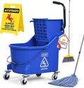 Matthew Cleaning Blue 44Quart Commercial Mop Bucket INCL.Wet String Mop&amp 19'' Industrial Wet Floor Sign with Side Press Wringer On WheelsTandem Portable Floor Cleaning WavebrakeIdeal for Househo
