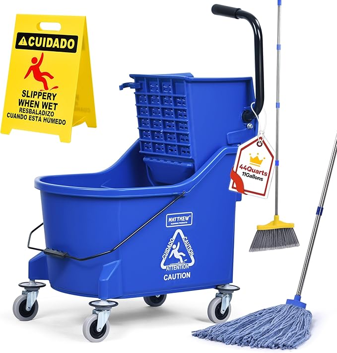 Matthew Cleaning Blue 44Quart Commercial Mop Bucket INCL.Wet String Mop&amp 19'' Industrial Wet Floor Sign with Side Press Wringer On WheelsTandem Portable Floor Cleaning WavebrakeIdeal for Househo