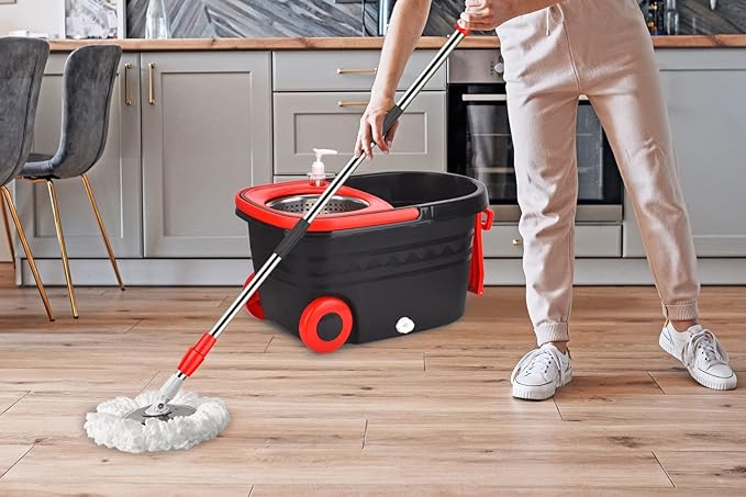 Mop Bucket Set 360 Spin Stainless Steel Spin Mop Bucket System with 3 Mop Heads for Floor Cleaning