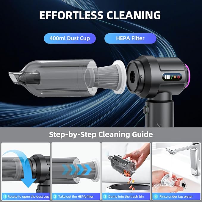 Cordless Vacuum Cleaner - 22000PA Handheld Car Vacuum 4-in-1 Portable Mini Air Duster Rechargeable 3-Speed Small Powerful Gadgets &amp Gifts for Home Office Mattress Carpet Pet (Black)