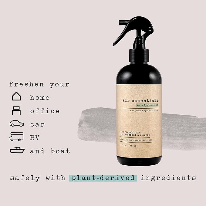 Air Essentials 12 oz Air Freshener &amp Odor Eliminator Spray - Neutralize Odors from Smoke Pets Food &amp Garbage in Homes Offices &amp Cars - Made with Clean Essential Oils (Eucalyptus Mint 2