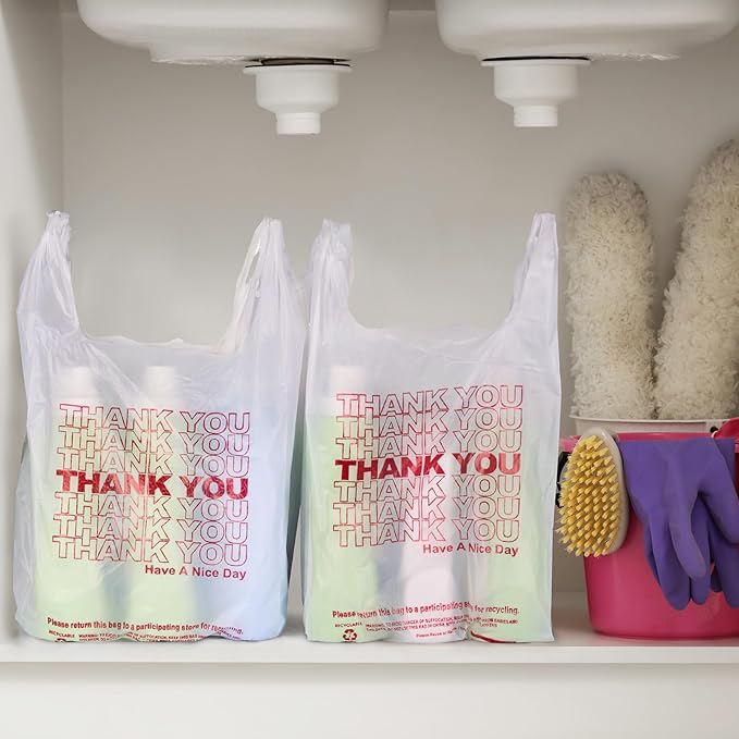 Delxo Grocery Bags Thank You Plastic T-Shirt Bag (1000 Count) White Supermarket Shopping Bags with Handles for Restaurant Retail To Go Takeout Convenience Stores 11.5 x 6.5 x 21 In