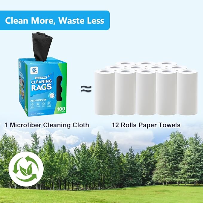 GLIMGLINT Black Microfiber Cleaning Cloth 100 Pack Cleaning Rags Lint-Free Ultra Absorbent Reusable Paper Towels for Home Kitchen Car Garage or Shop Dish Rags 11 x 9