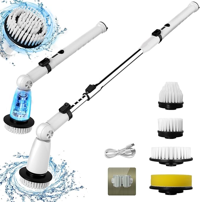 Electric Spin Scrubber Upgraded Bathroom Cleaner Power Shower Cleaning Brush with Extendable Handle &amp 4 Brush Heads Dual Speed &amp USB-C Charging Shower Scrubber for Bathtub Tile and Floor