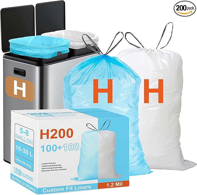 Code H 200 Count White 100 &amp Blue 100 8 Gallon 1.2 Mil THICK Heavy Duty Plastic Trash Bags with Reinforced Drawstring Compatible with simpIehuman Code H Leak-Proof Tear Resistant GRAND SAVE!
