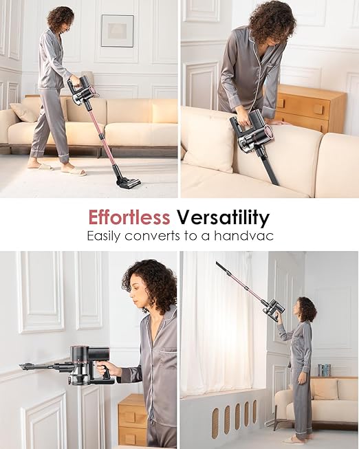 Cordless Vacuum Cleaner 6-in-1 Lightweight Stick Vacuum Self-Standing 35Mins Runtime2200mAh Rechargeable BatteryLED ScreenPowerful Vacuum Cleaners for Home Hardwood Floor Carpet Pet Hair(Pink)