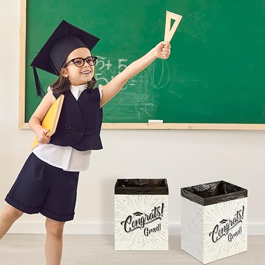 12 Pcs Graduation 13 Gallon Disposable Trash Cans Graduation Trash Bins with 15 Pcs Garbage Bag 1 Roll Double Sided Tape Graduation Disposable Garbage Can for Graduation Party