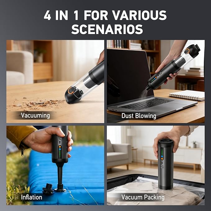 Car Vacuum Portable Cordless18000Pa 4in1 Portable Handheld Cleaner Vacuum &ampAir Duster 2 Suction Modes Power Blowing&ampInflating Brushless Motor Vacuum with Multi Nozzles for CarKeyboards Off