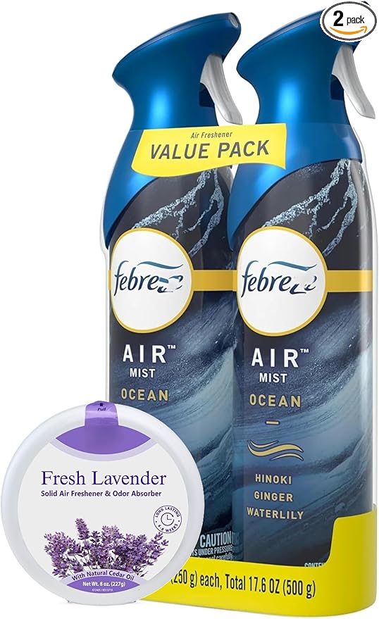 Febr+eze Air Freshener Bundle Ocean Spray 8.8oz 2 Count + Lavender Closet Odor Absorbing Solid 8oz
