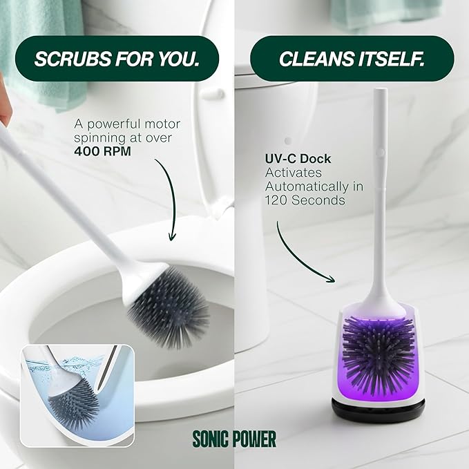 Electric Toilet Brush &amp Scrubber – Self Cleaning Silicone Toilet Bowl Brush with UVC Light Rechargeable Wireless Spinning Toilet Brush &amp Holder Set Wall Mount or Floor Standing (Pack of 1)